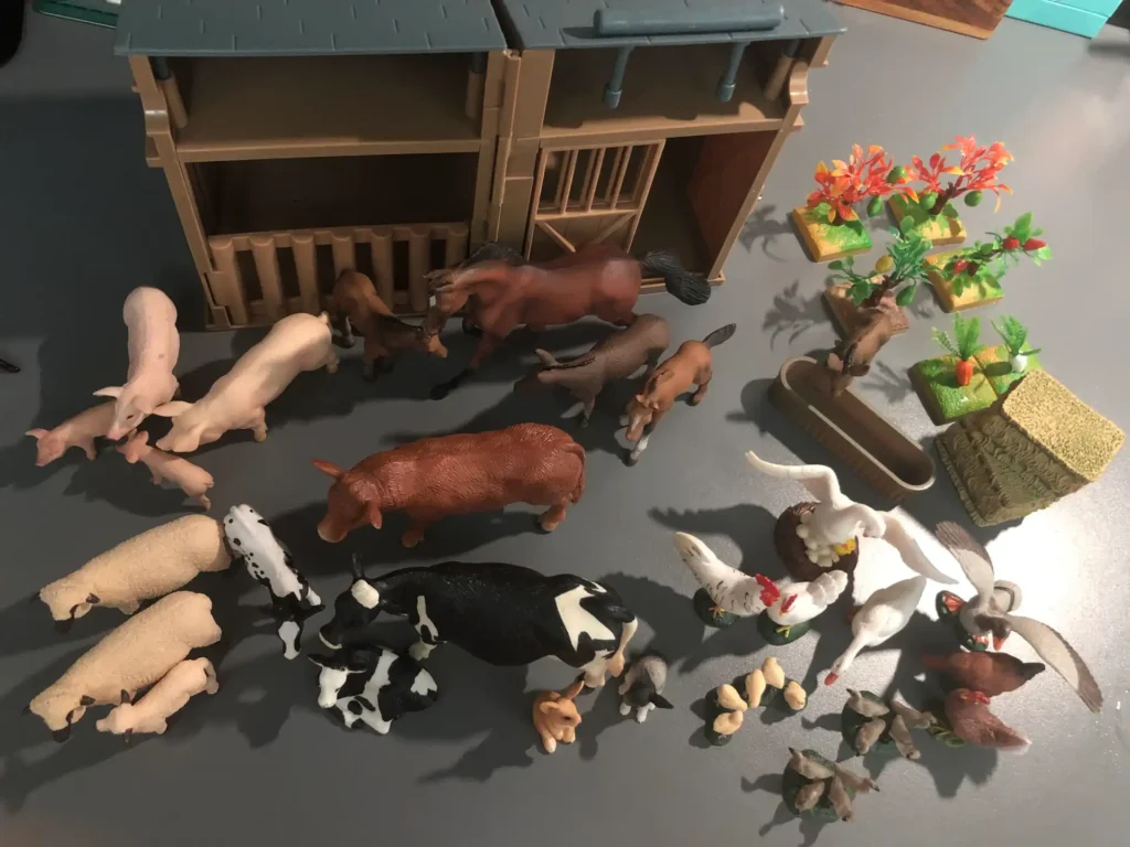 horses, cattle, sheep, pigs, chickens, dogs, cats, and rabbits